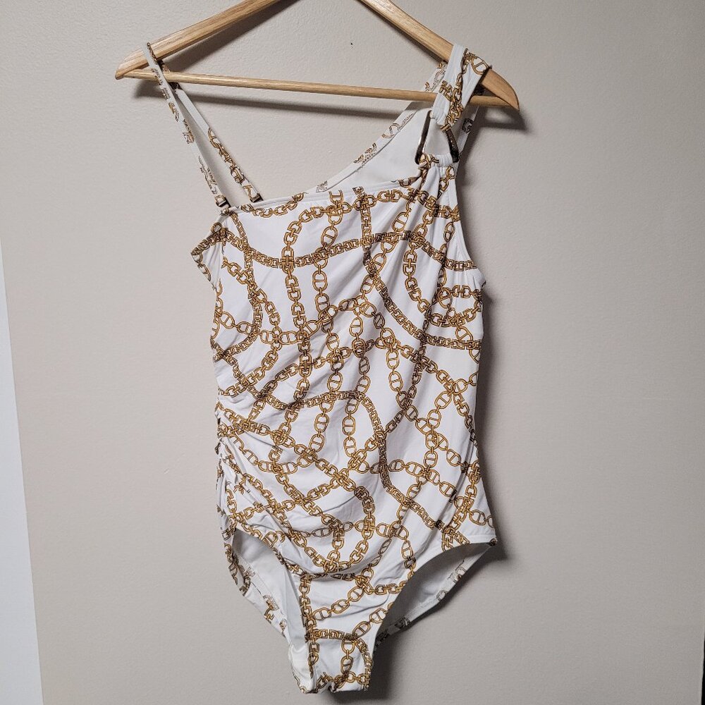 Michael Kors One Piece Swimsuit Women 12 White Gold Chain Print Ruched Designer